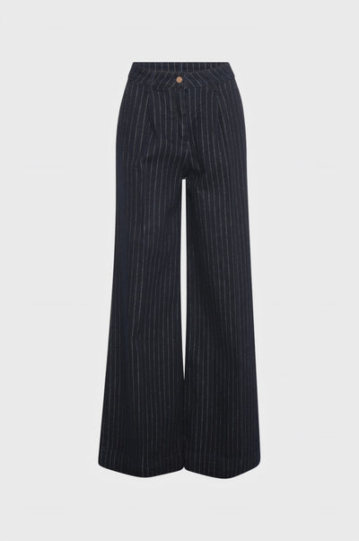 Jeans flare modello chino in denim gessato con lavaggio medio