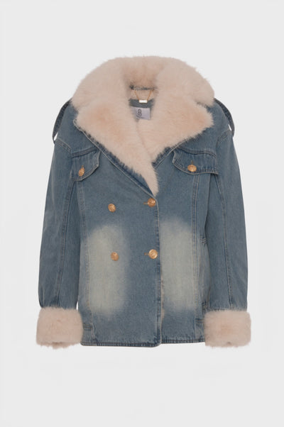 Giacca over in denim con lavaggio vintage e con finta pelliccia