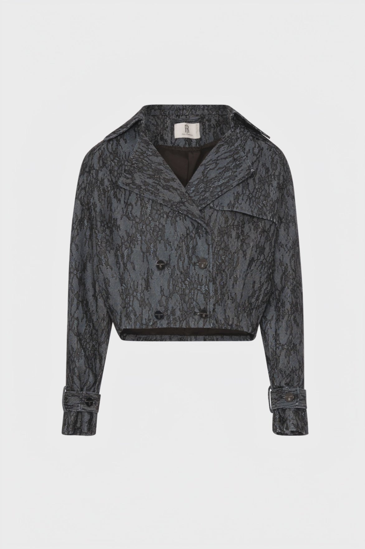Giacca cropped in denim e pizzo con lavaggio raw