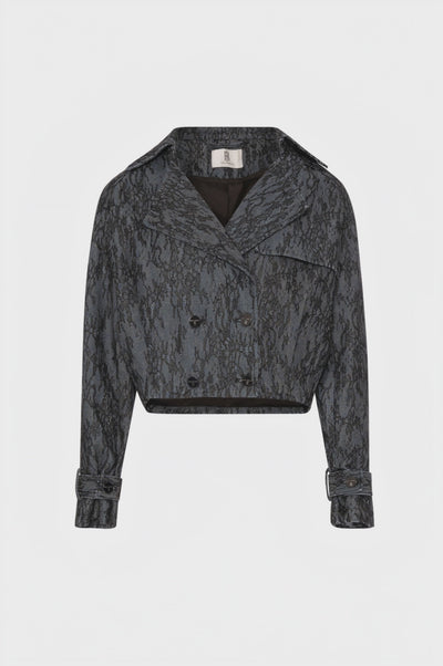 Giacca cropped in denim e pizzo con lavaggio raw