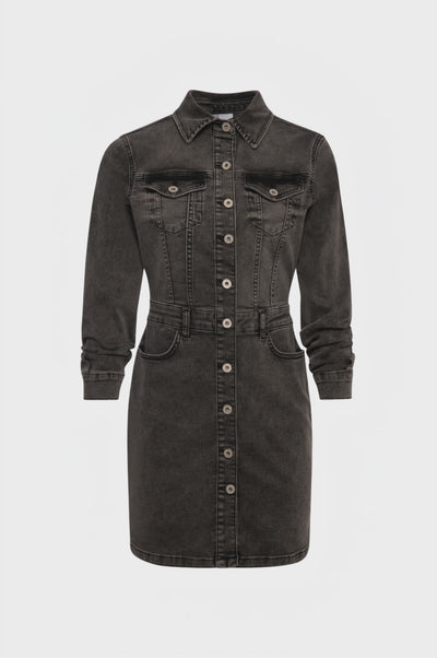 Abito slim modello chemisier in denim black con lavaggio medio