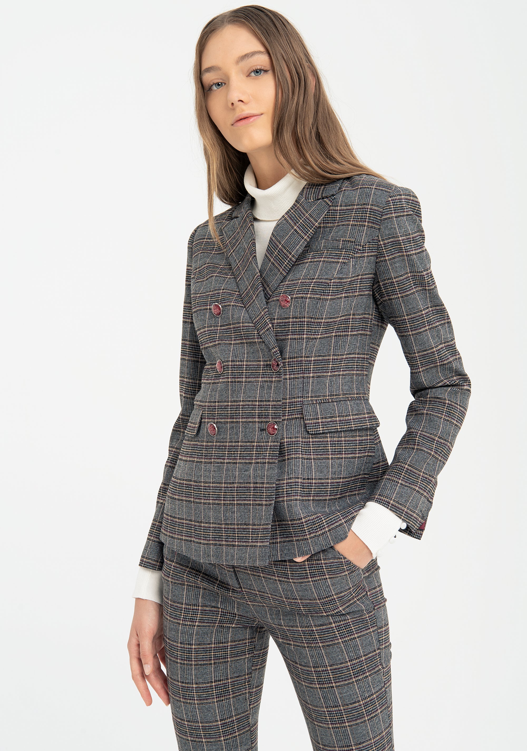 Blazer regular doppio petto in tessuto principe di Galles