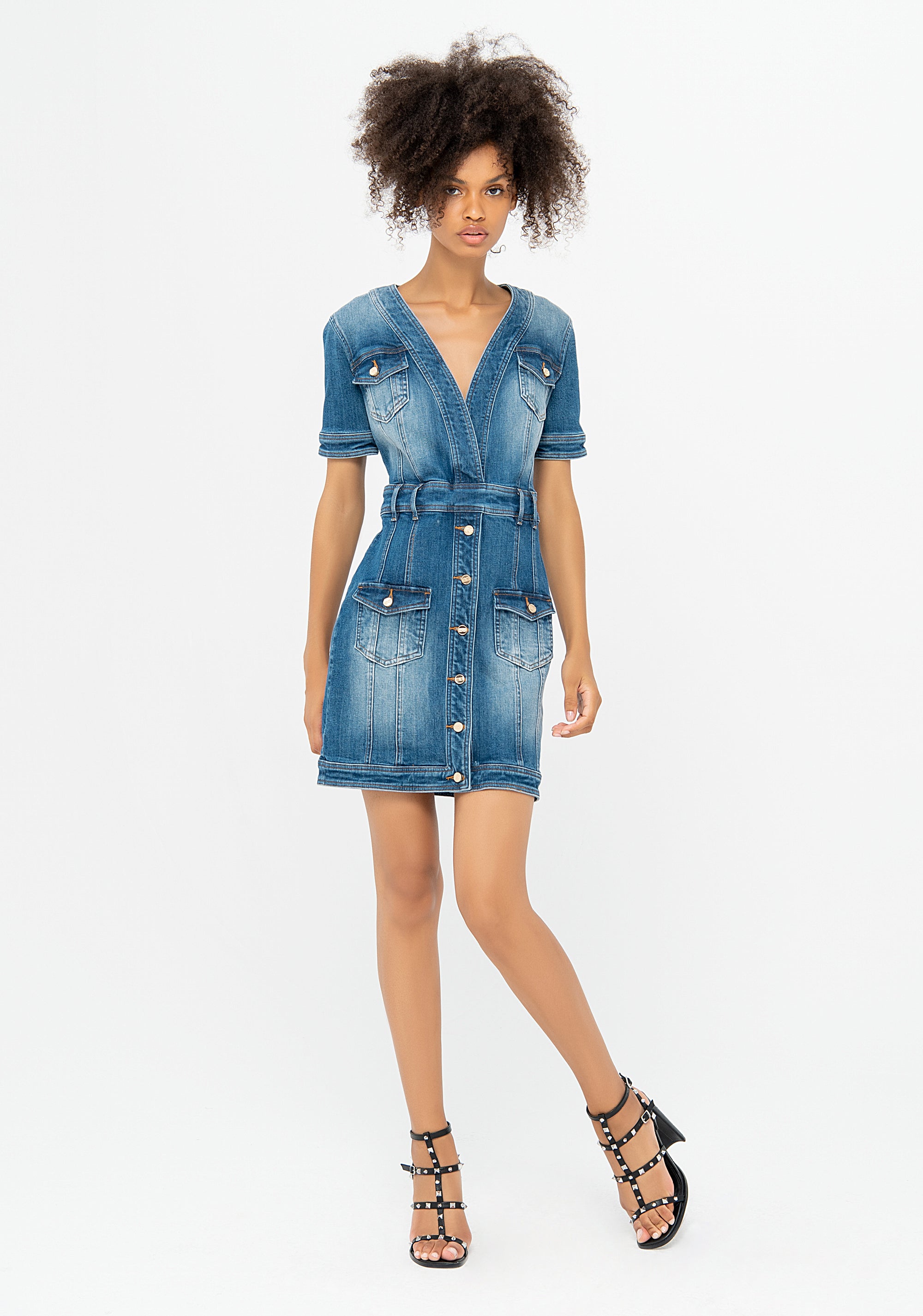 Abito slim mini in denim con lavaggio medio