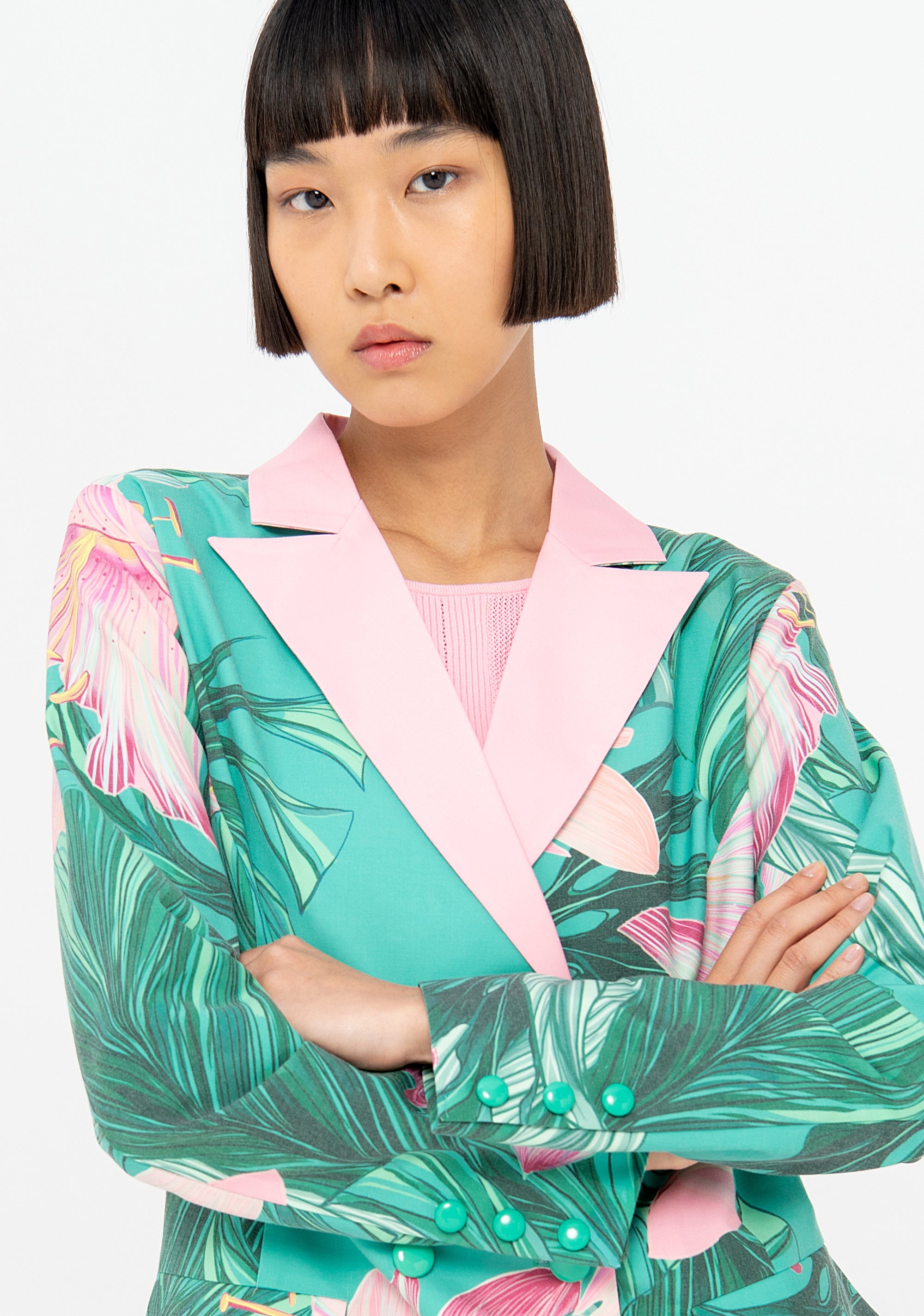 Blazer regular lungo in fantasia tropicale