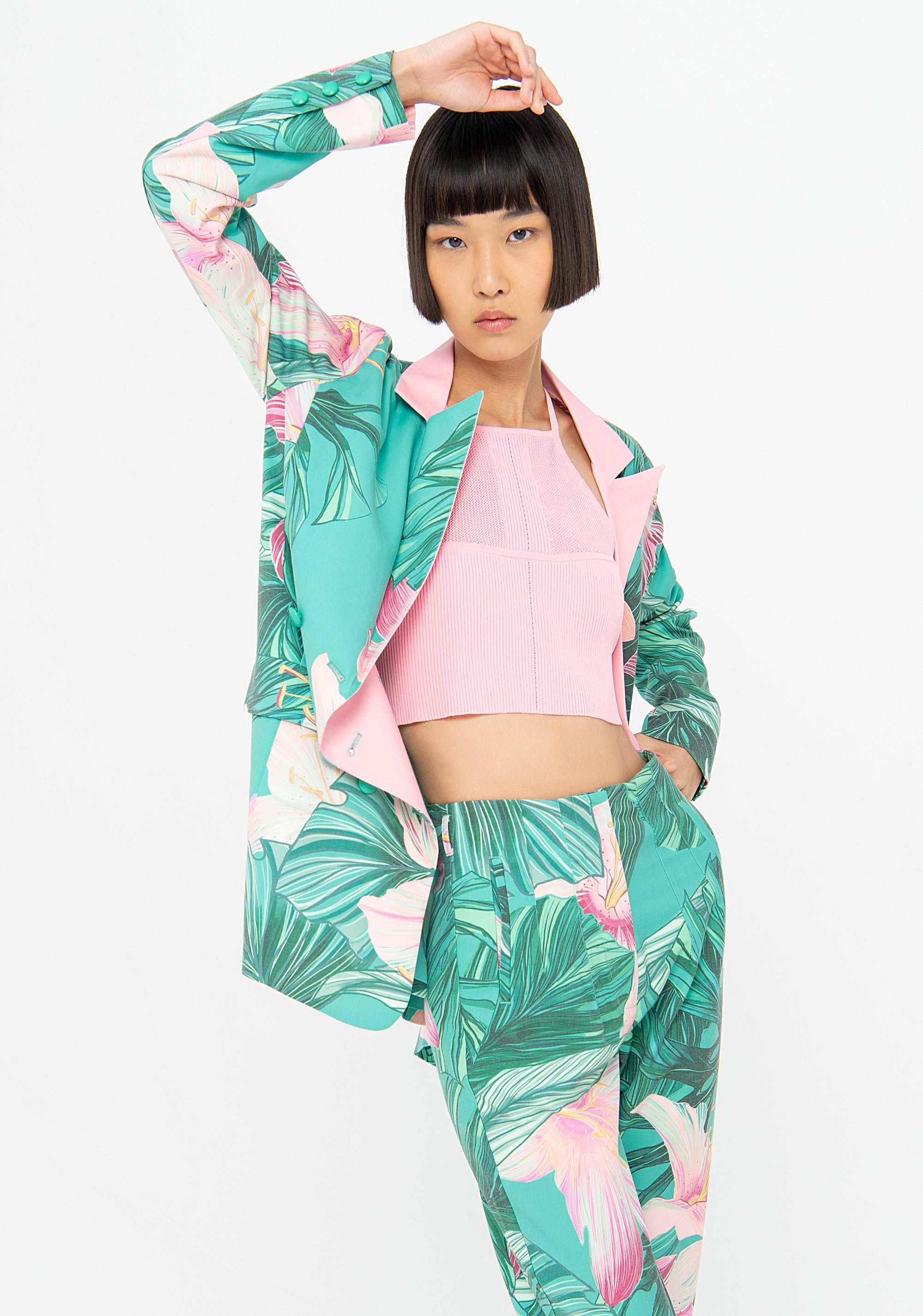 Blazer regular lungo in fantasia tropicale