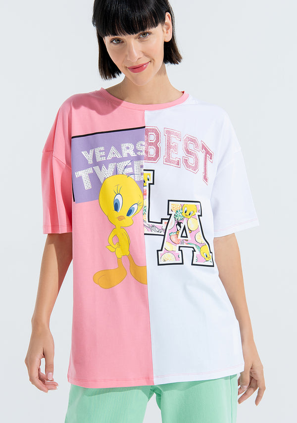 T-shirt over in jersey bicolore con stampa Looney Tunes
