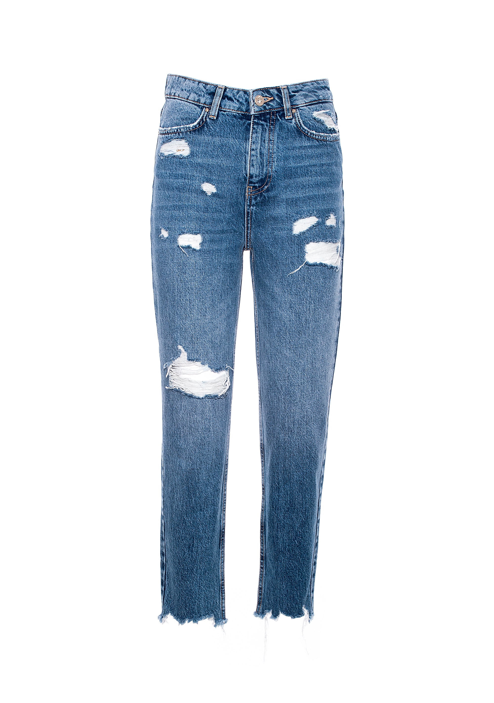 Jeans boyfriend in denim con lavaggio medio con strappi