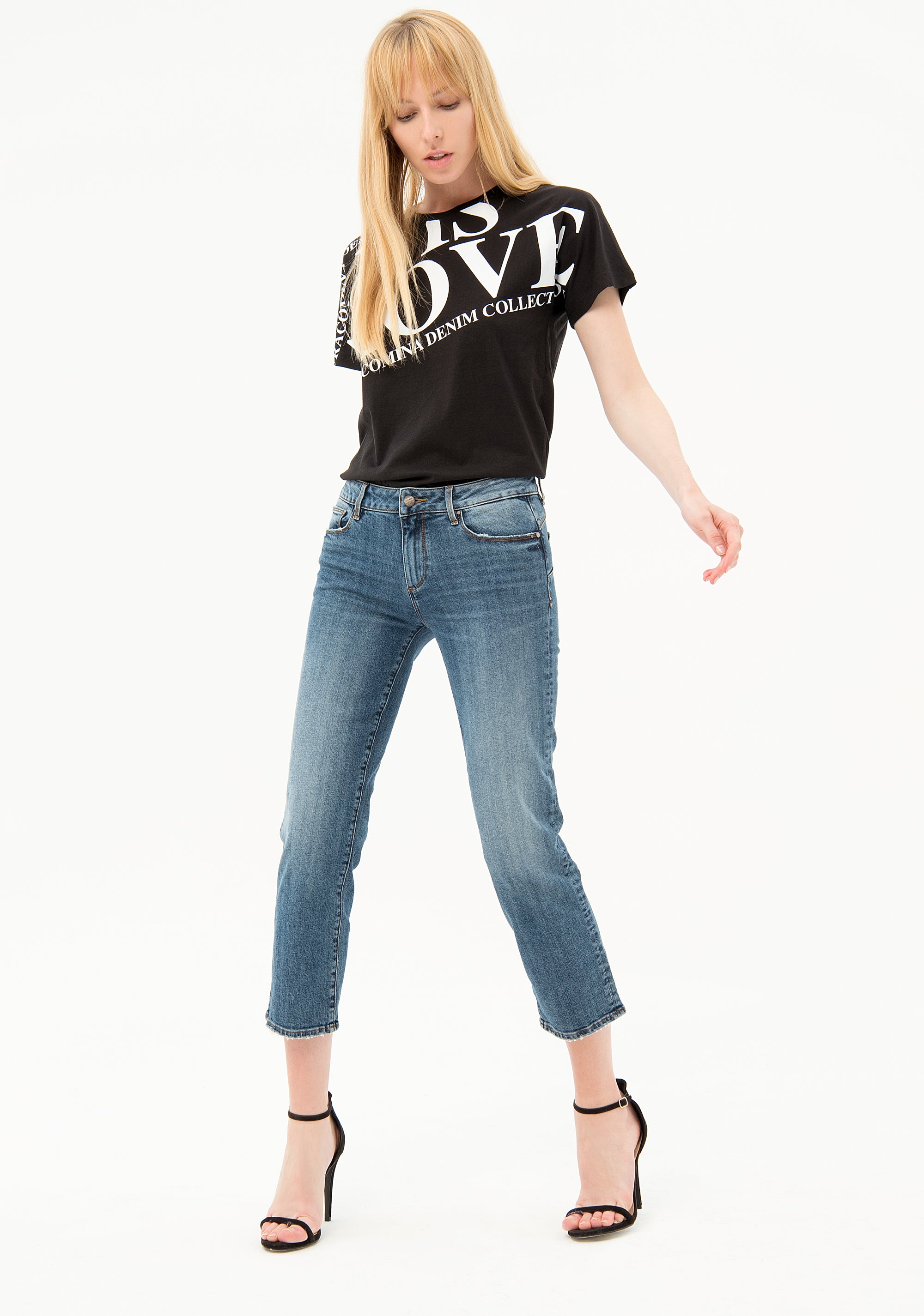 Jeans cropped in denim con lavaggio medio basic