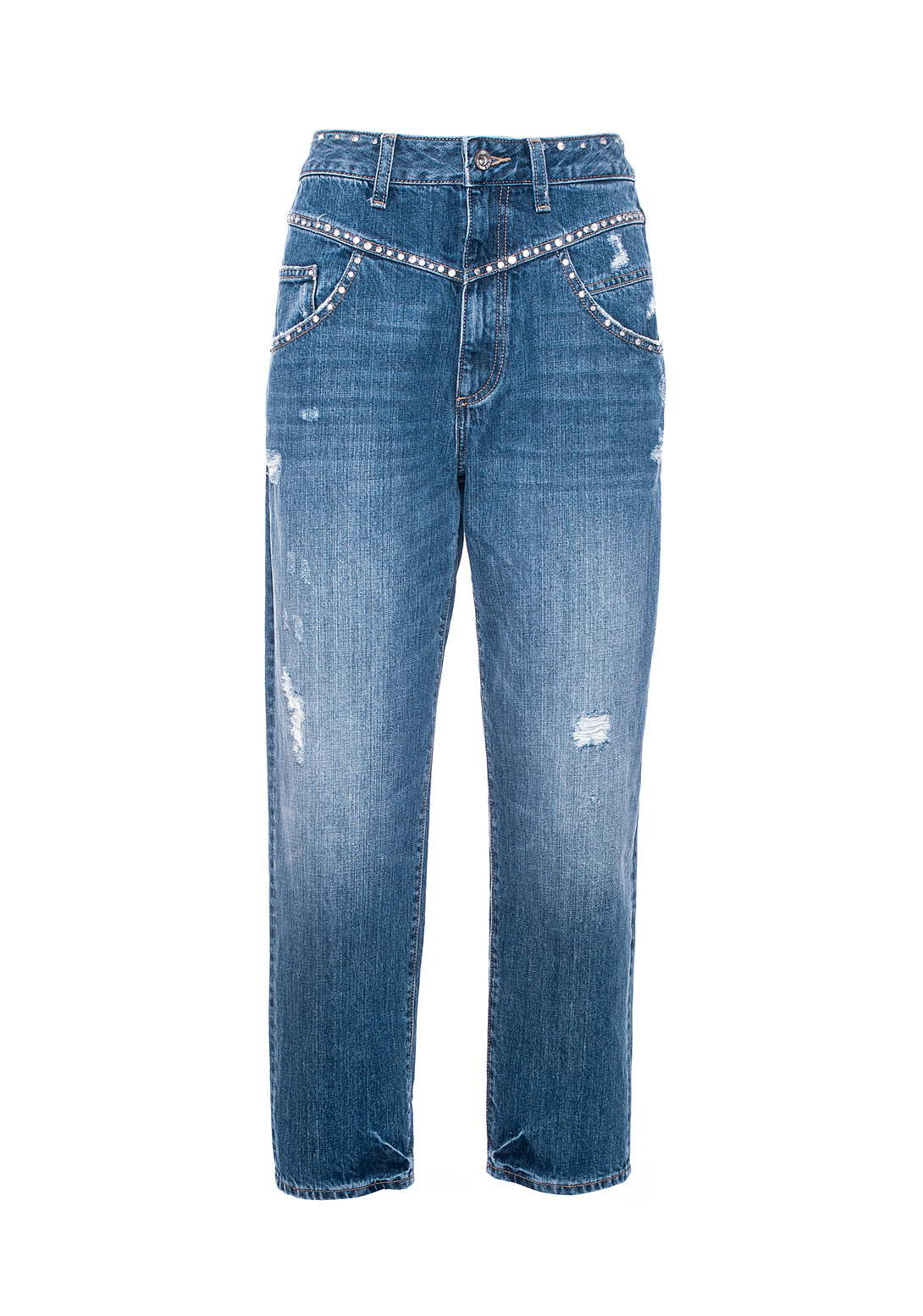 Jeans carrot in denim con lavaggio medio e perle applicate-FRACOMINA-FP21SP5055D40002