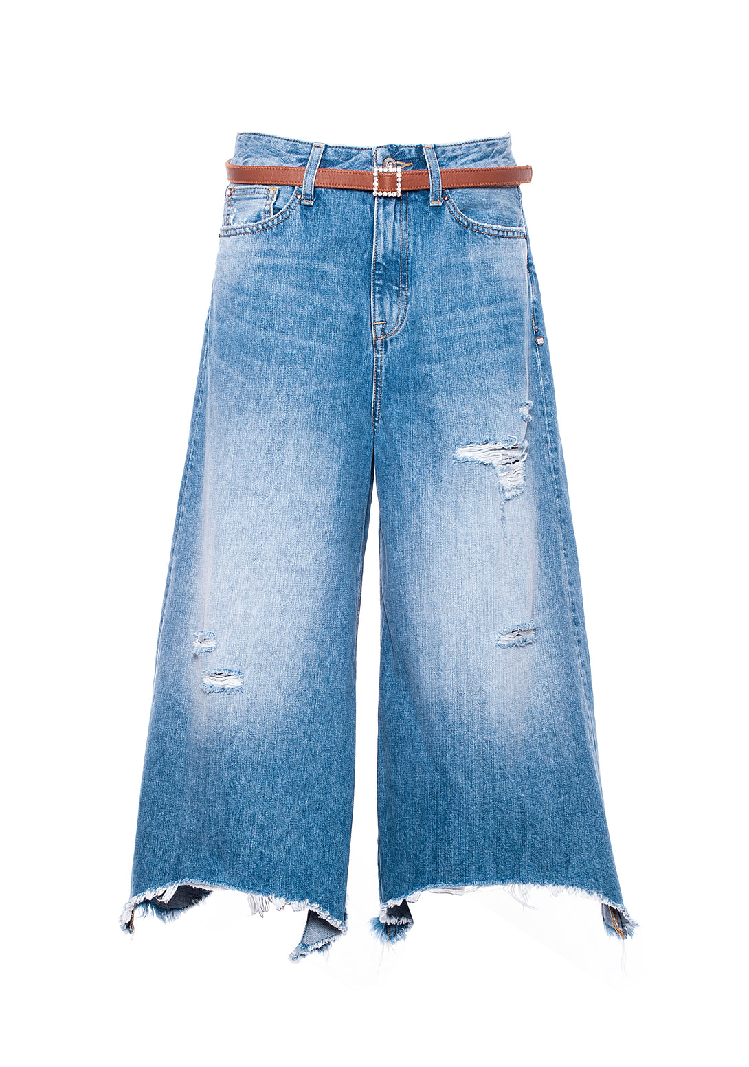 Jeans culotte flare in denim con lavaggio medio con strappi-FRACOMINA-FP21SP5058D400P3