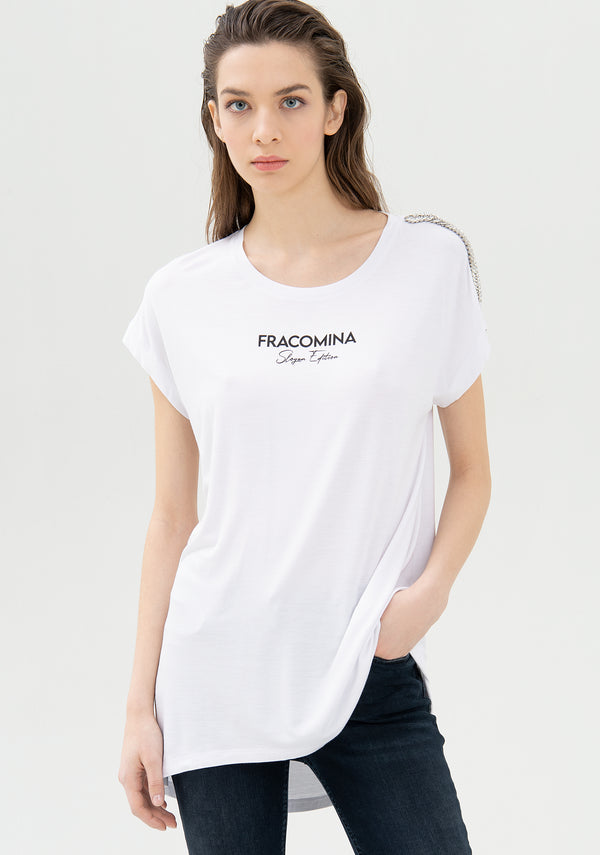 T-shirt ampia lunga in jersey di viscosa con stampa lettering