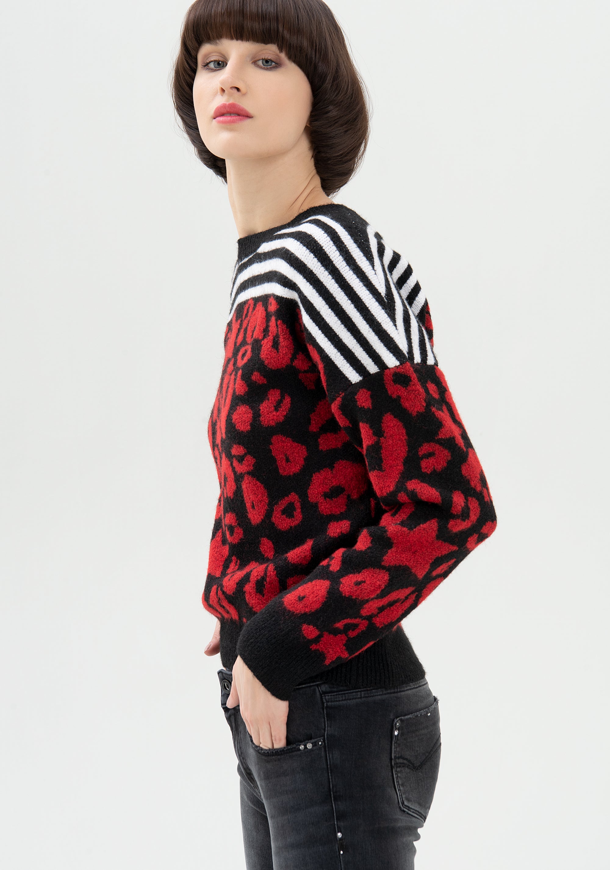 Maglia regular con jacquard animalier e righe