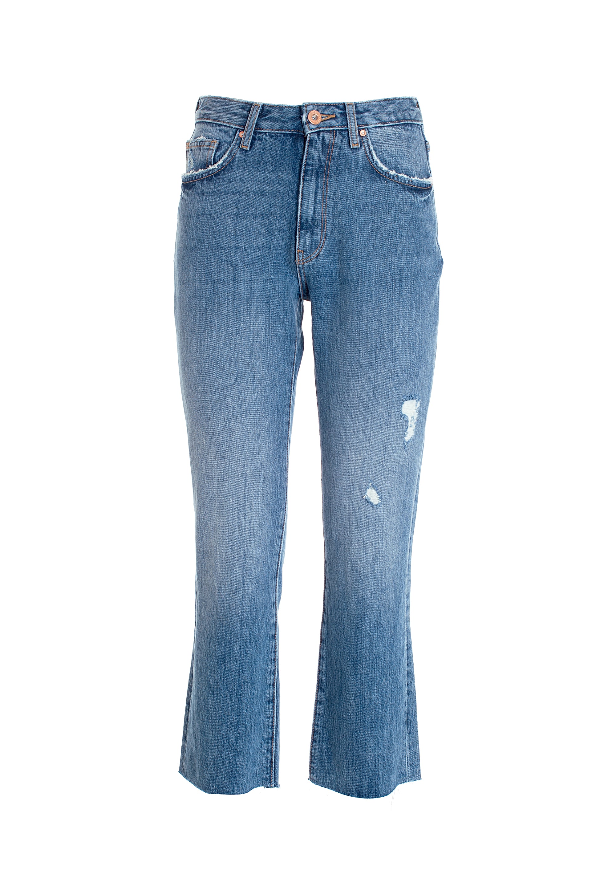 Jeans bootcut cropped in denim con lavaggio medio