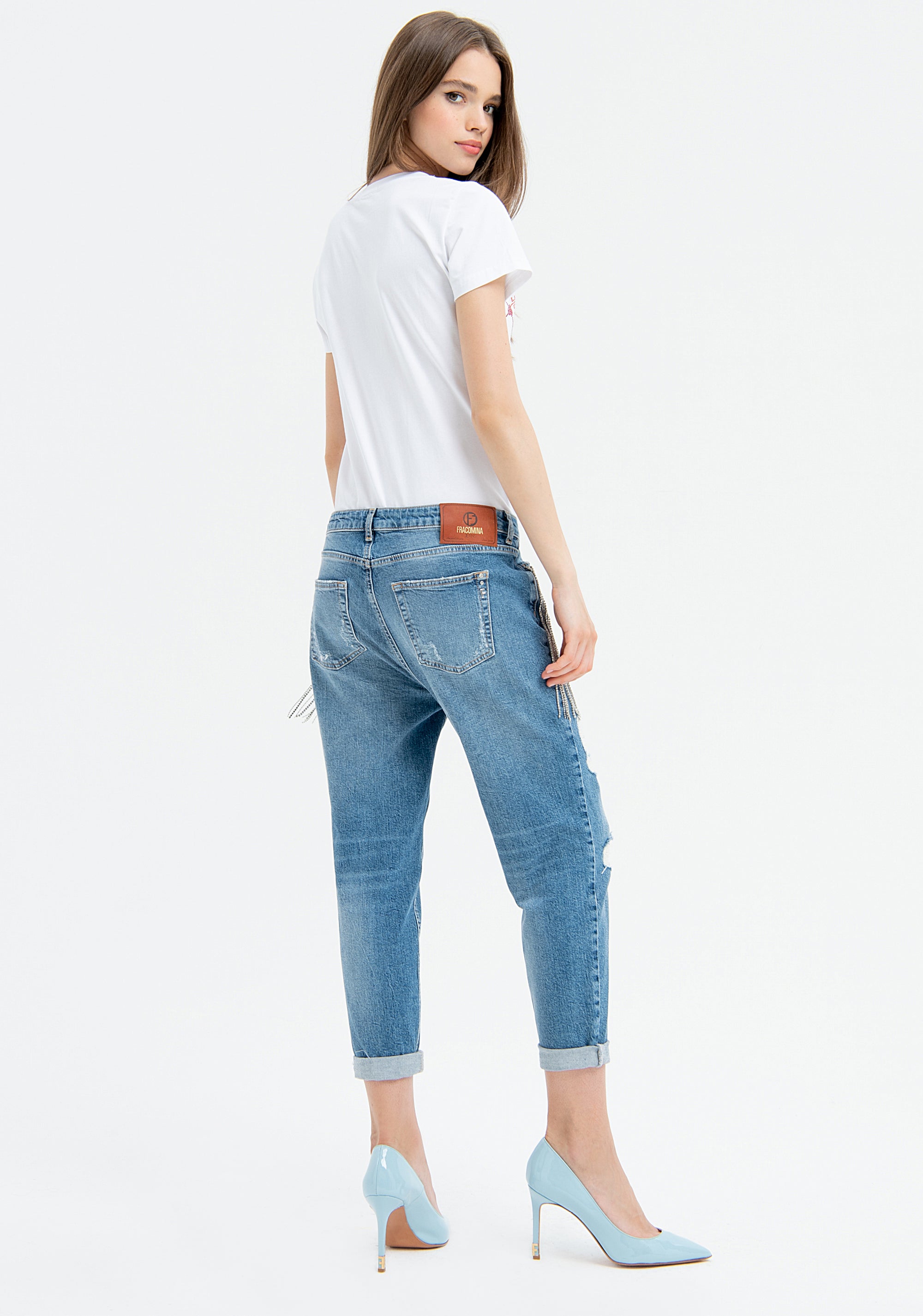 Jeans boyfriend in denim con lavaggio chiaro