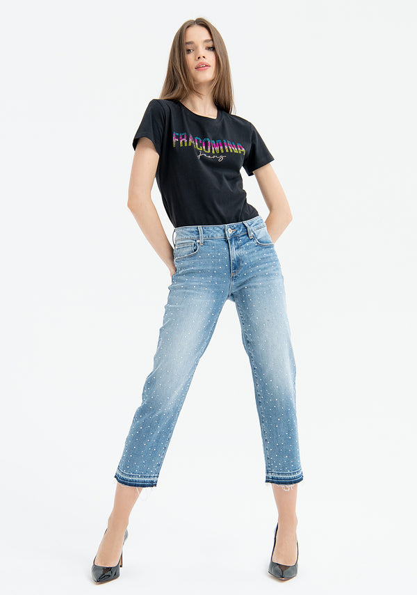Jeans cropped in denim con lavaggio chiaro