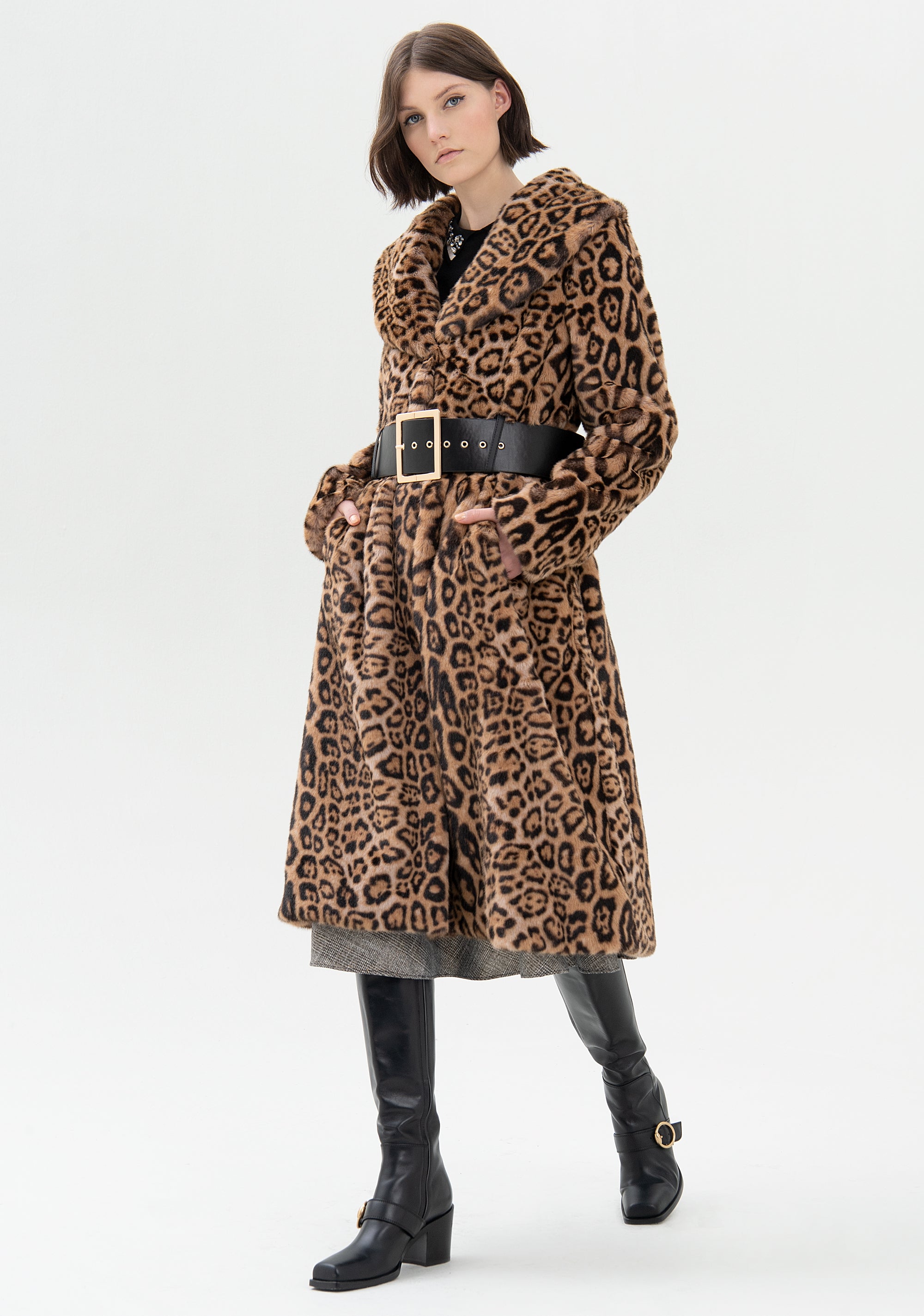 Cappotto ampio lungo in eco pelliccia in fantasia animalier-FRACOMINA-FR21WC4005O41201