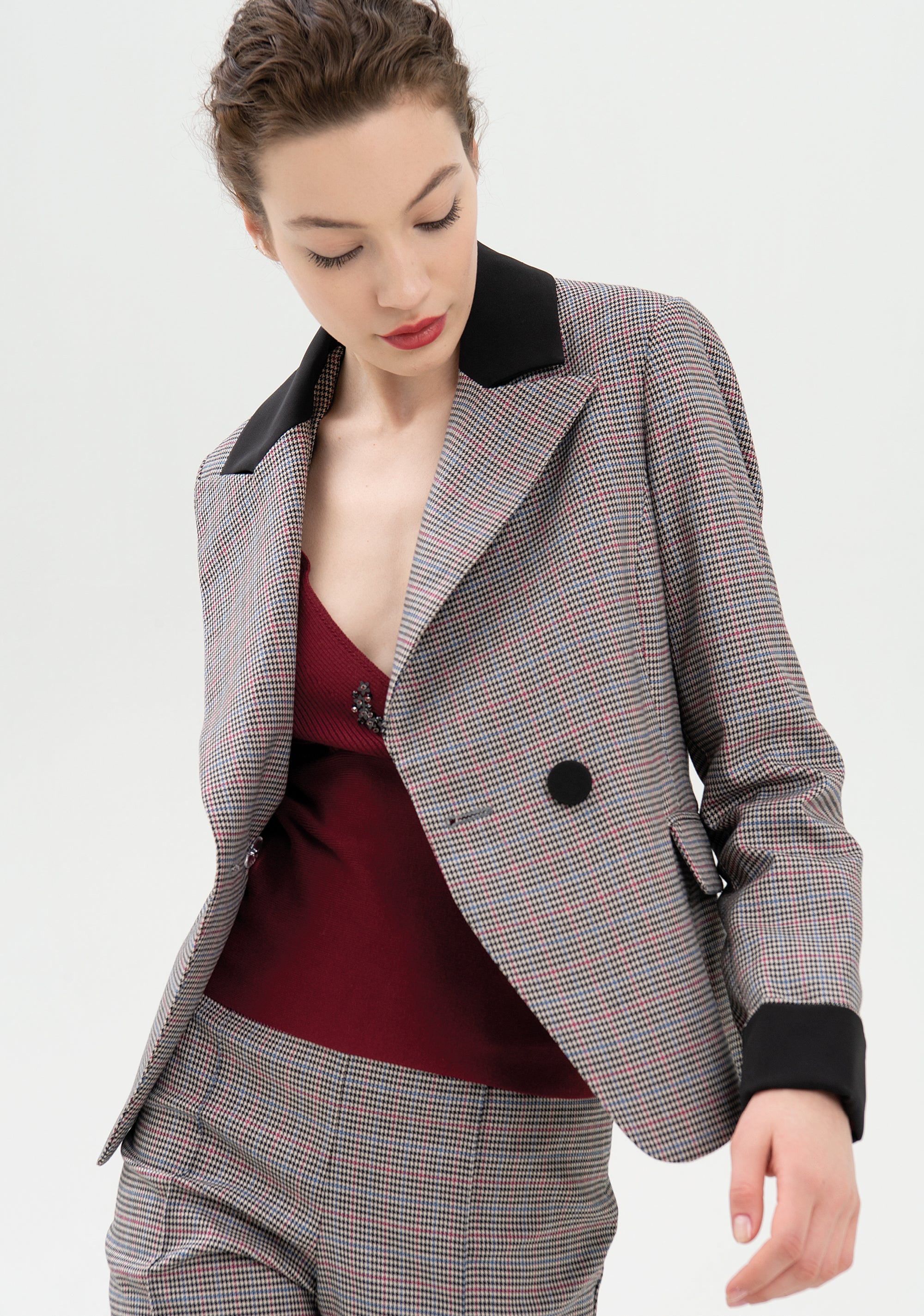 Blazer regular doppiopetto in tessuto piede de poule