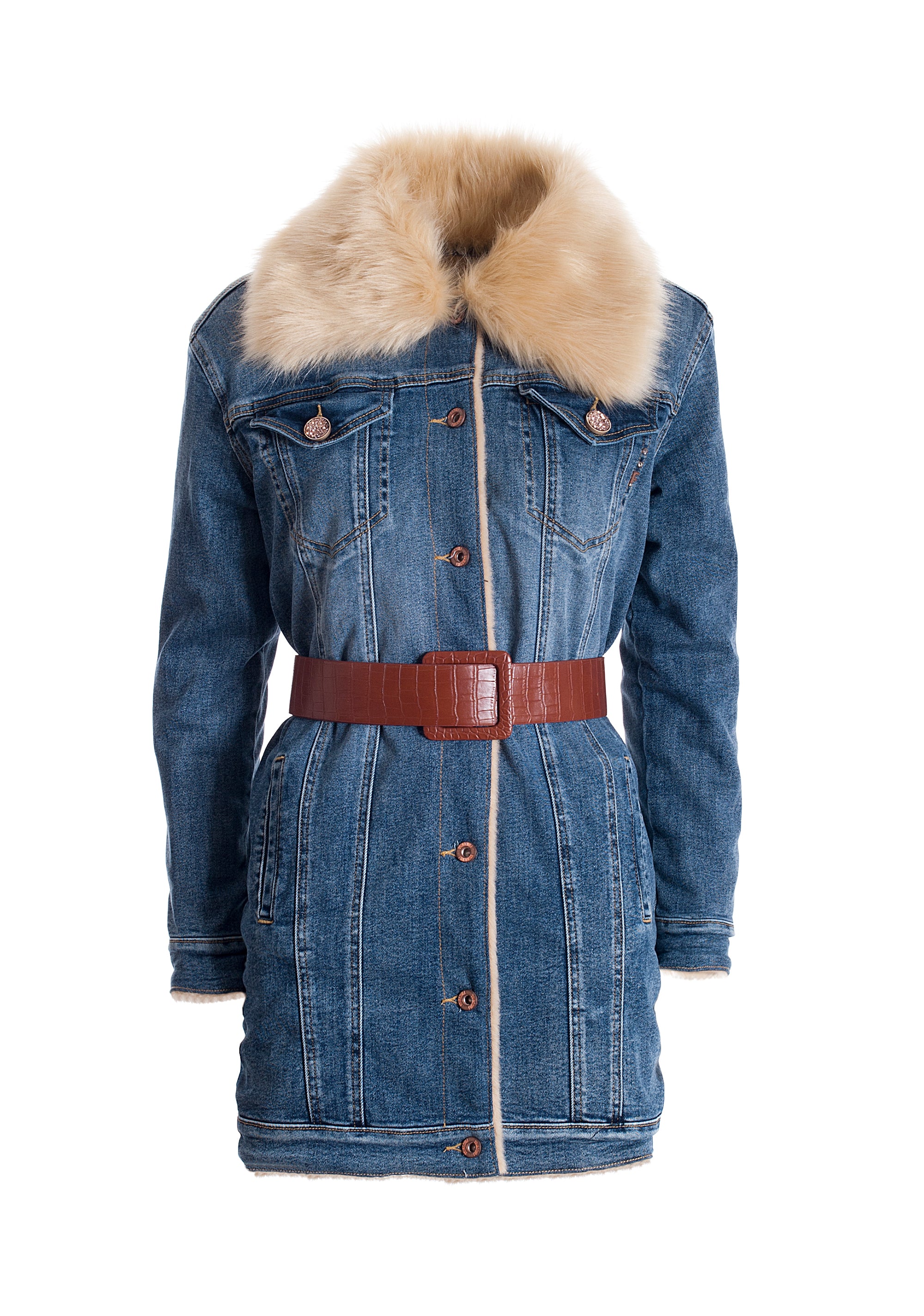 Giacca regular lunga in denim con lavaggio medio