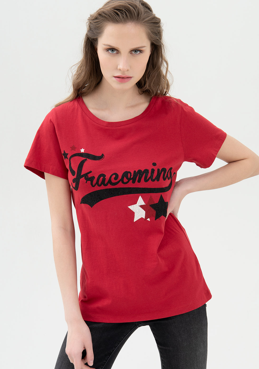 T-shirt regular in jersey di cotone con stampa logo e strass luminosi-FRACOMINA-FR21WT3018J400N5