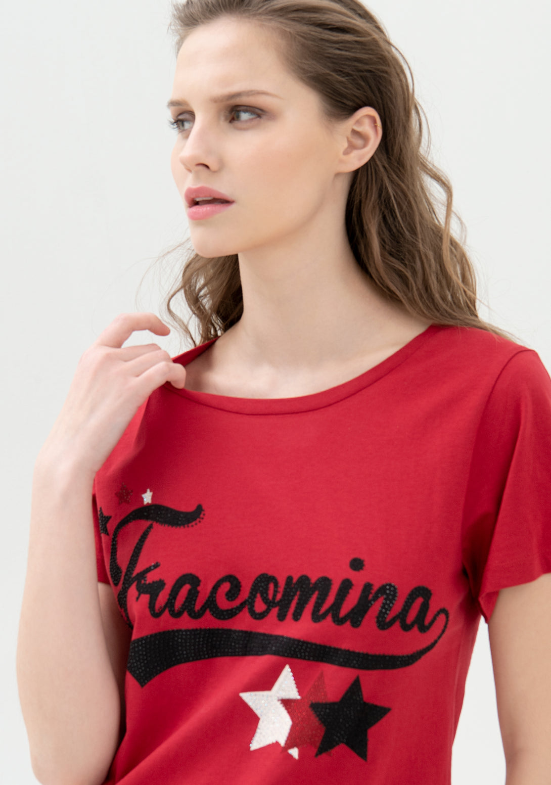 T-shirt regular in jersey di cotone con stampa logo e strass luminosi-FRACOMINA-FR21WT3018J400N5