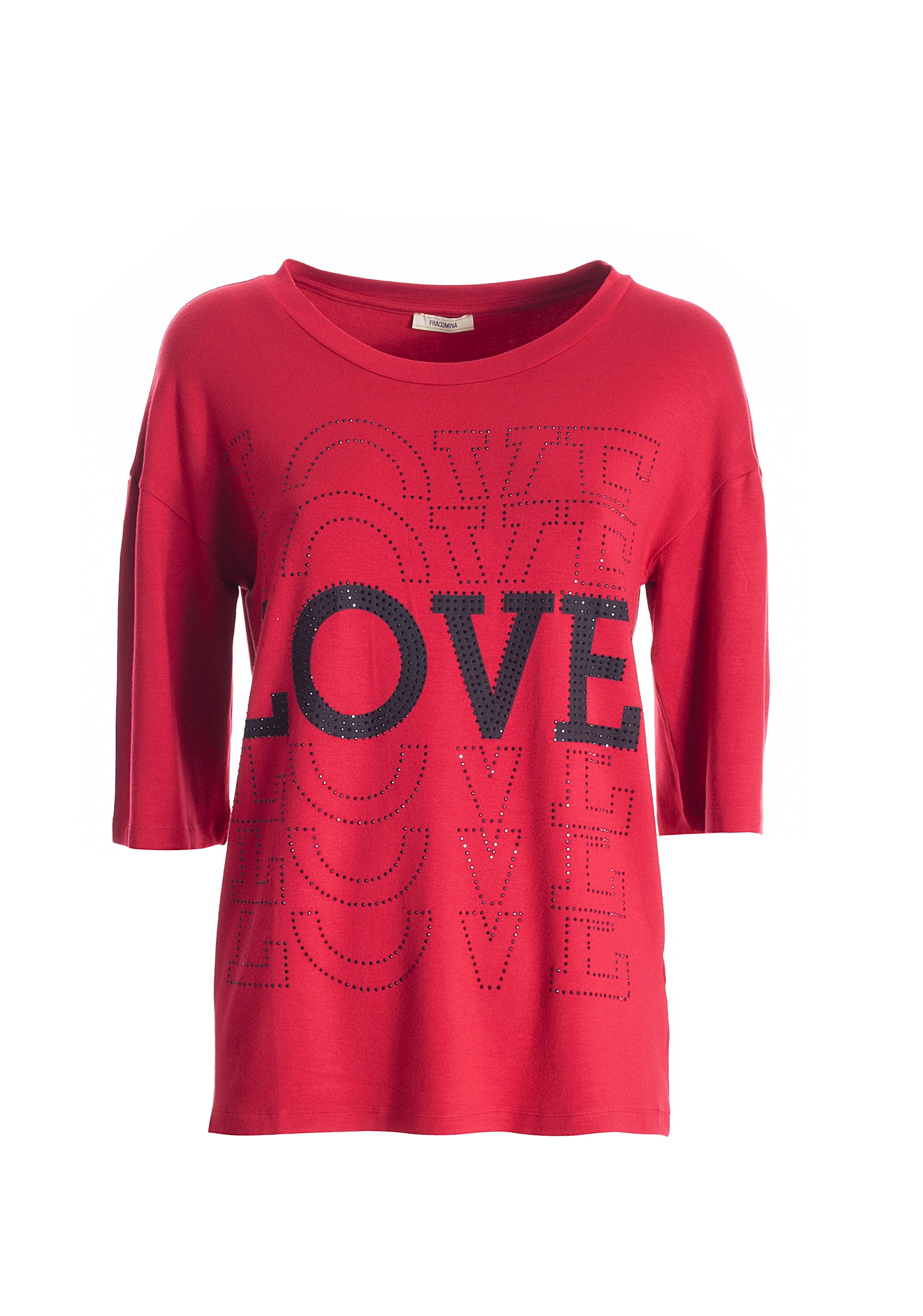 T-shirt over in jersey di viscosa con stampa lettering e strass