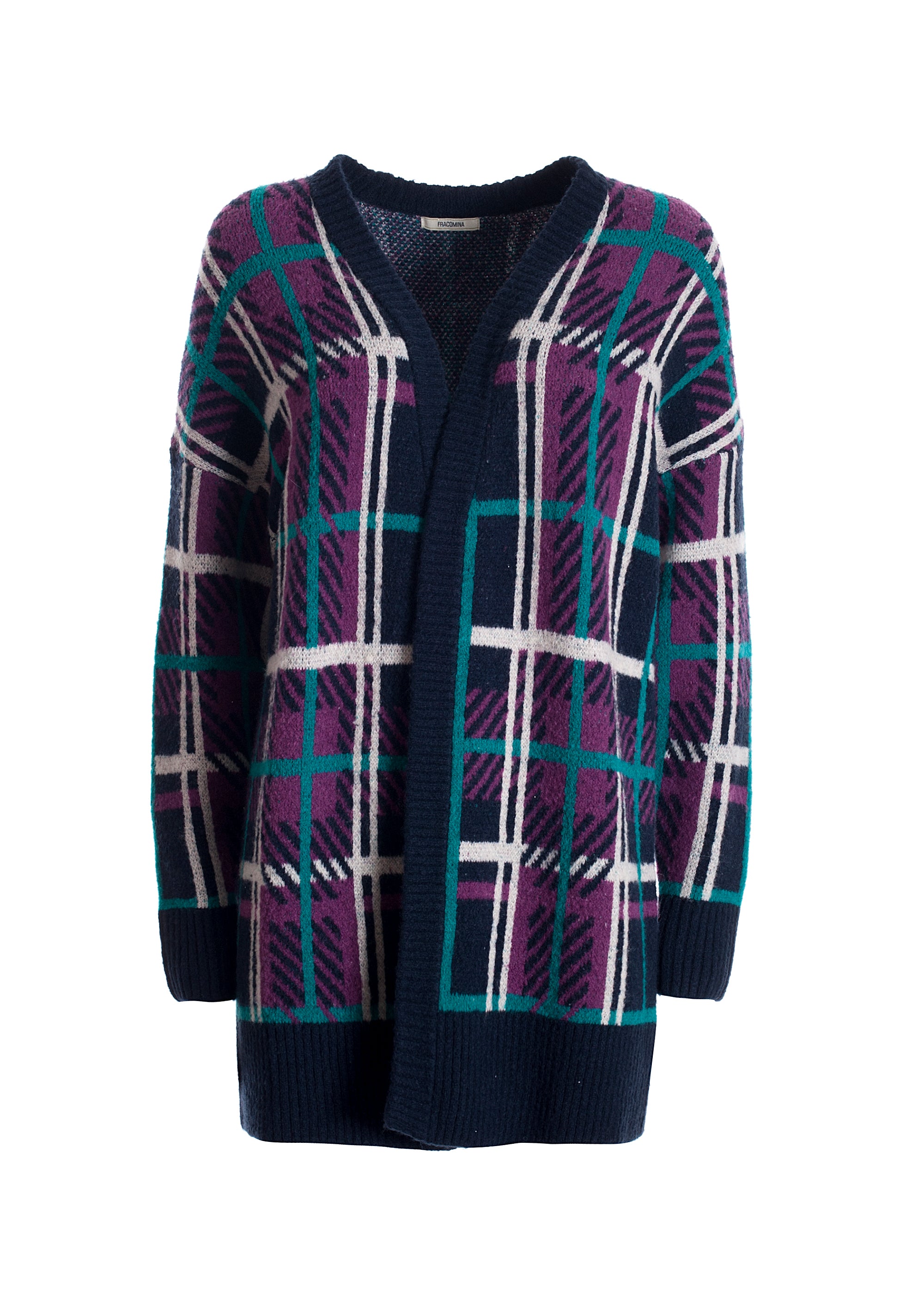 Cardigan over lungo con jacquard disegno tartan