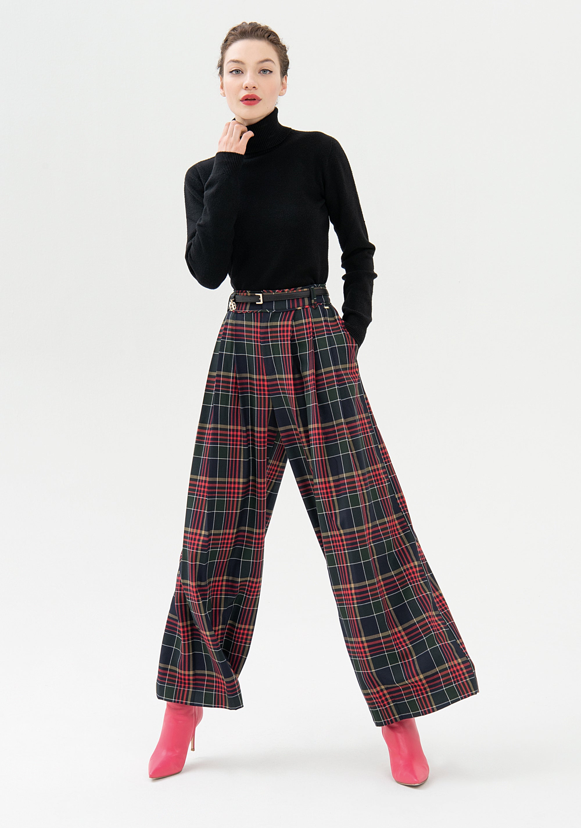 Pantalone palazzo ampio in tartan