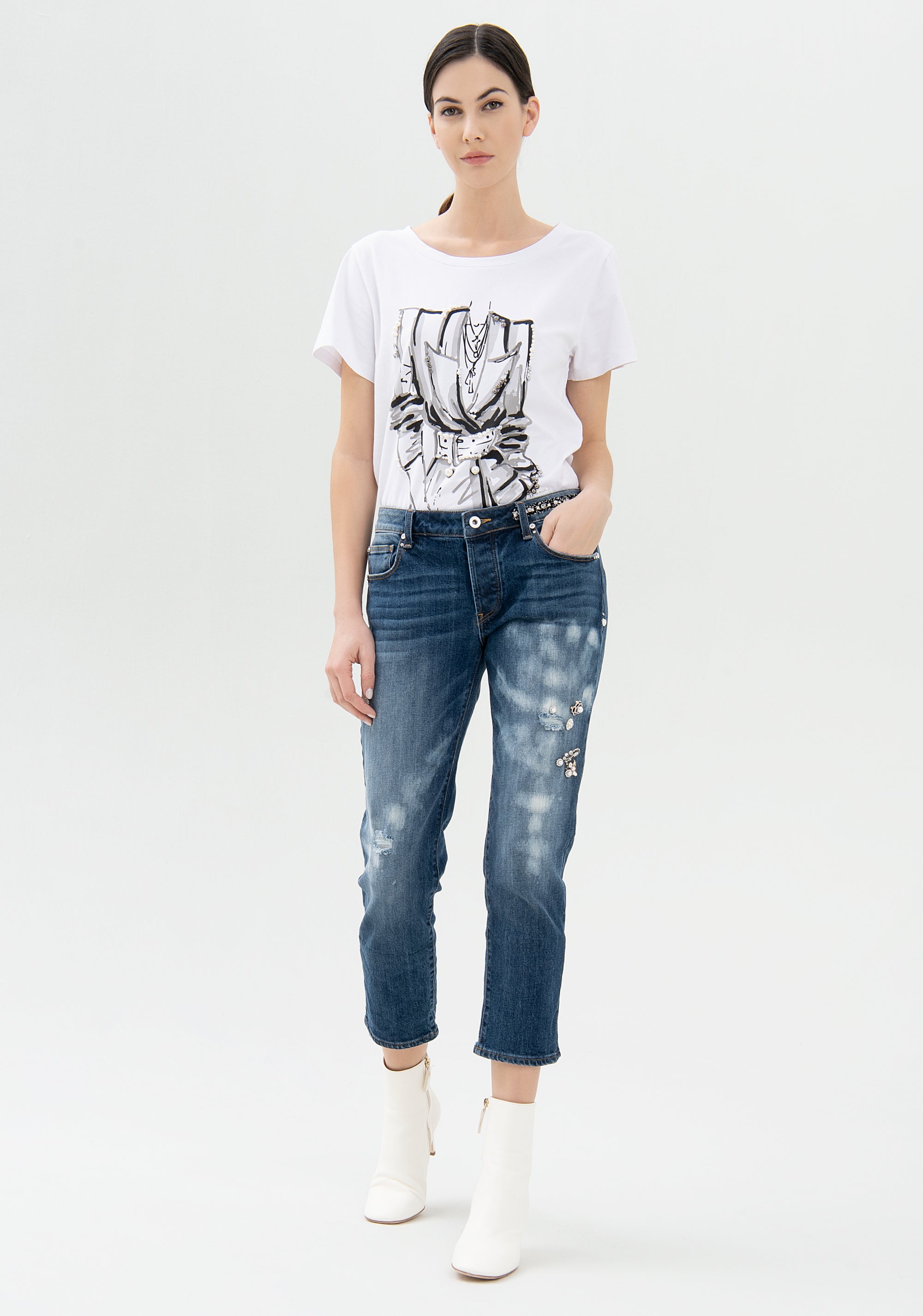 Jeans loose fit cropped in denim con lavaggio scuro-FRACOMINA-FR21WV5001D401N7