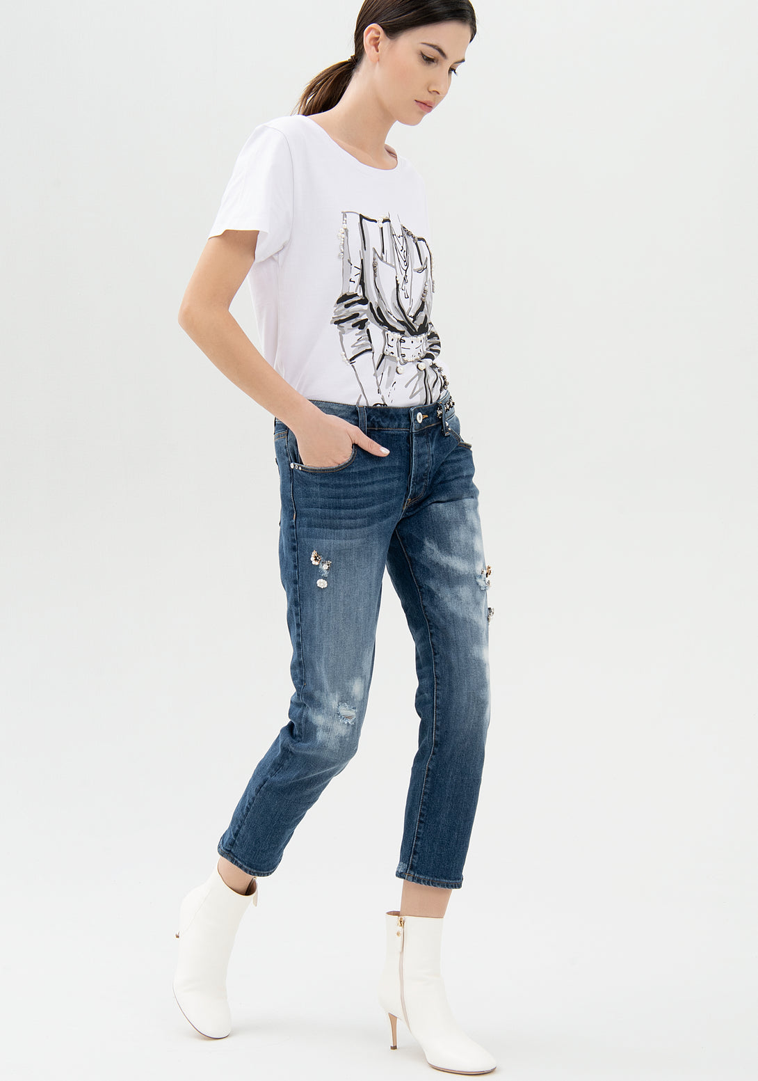 Jeans loose fit cropped in denim con lavaggio scuro-FRACOMINA-FR21WV5001D401N7