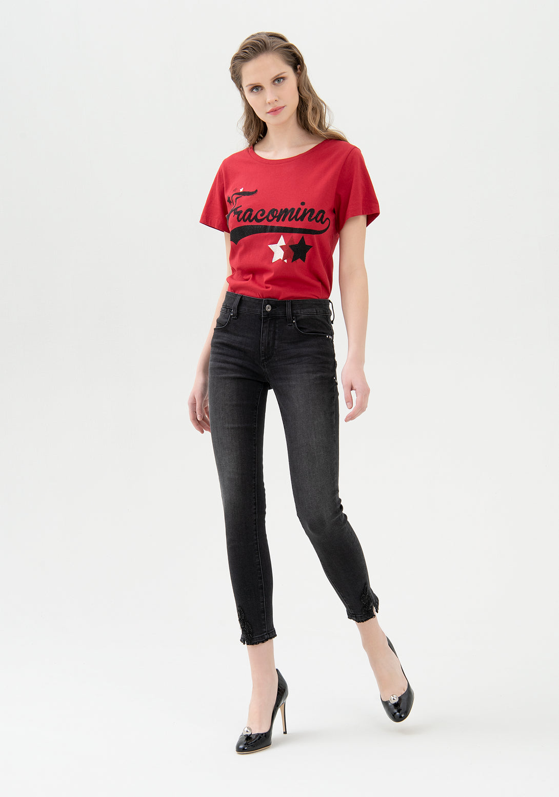 Jeans skinny cropped effetto push up in denim con lavaggio scuro-FRACOMINA-FR21WV9002D40801