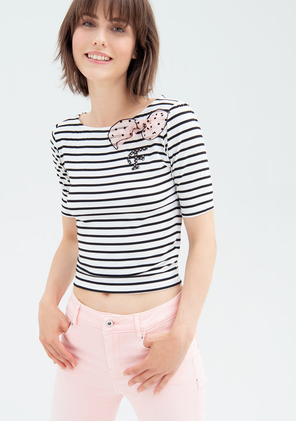 T-shirt cropped in jersey a righe